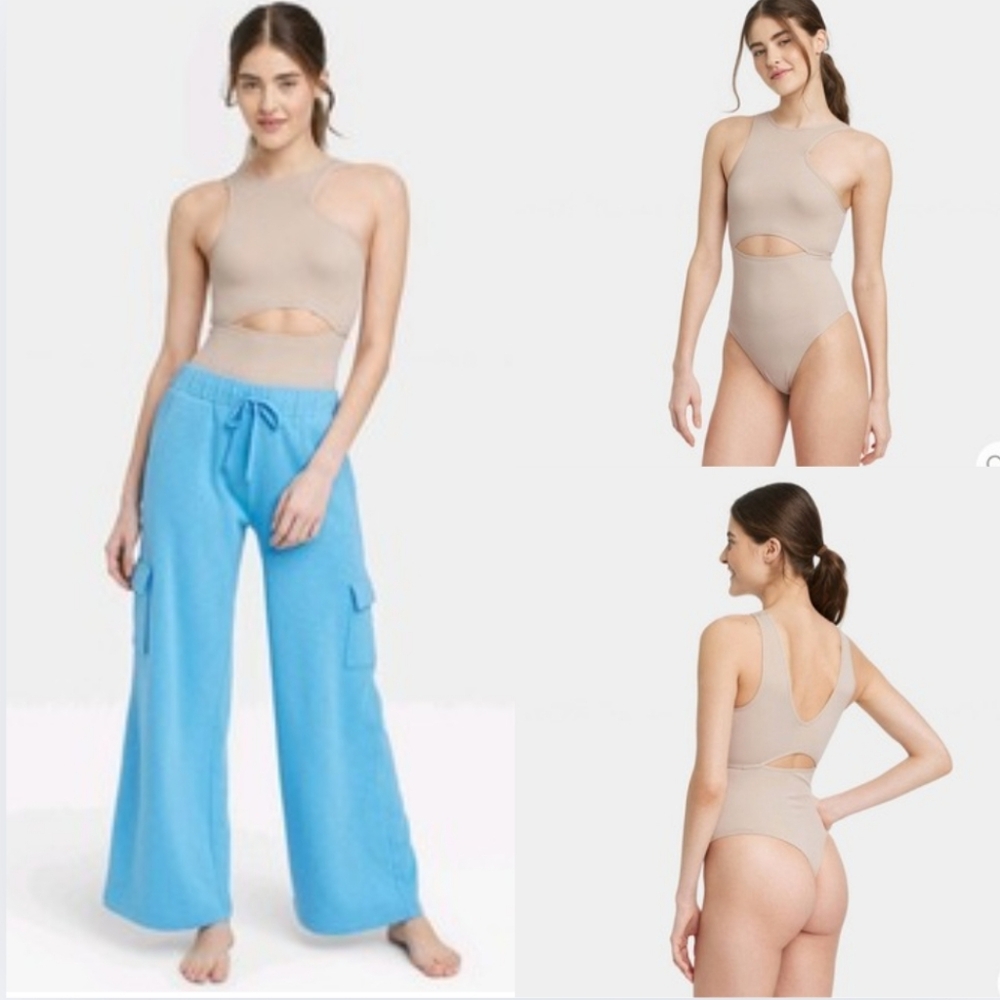 NWT Colsie Cut Out Bodysuit XS Beige from Target Ribbed Stretch Spring S-2392